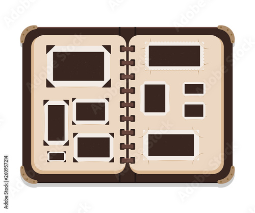 Vintage open photo album page with frame. Vector cartoon template of old memory book isolated on a white background.