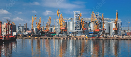 Lifting cargo cranes, ships and grain dryer in Sea Port of Odessa, Black Sea, Ukraine © Oleksandra