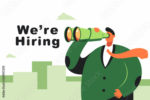 We're hiring vector flat concept illustration with businessman with binoculars isolated on city skyline background.