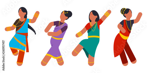 Indian women dance in national costumes in various poses. Girl dancer character vector cartoon set isolated on white background.