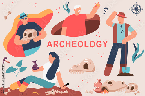 Archeology vector cartoon illustration of a man and a woman by archaeologists at the dig.