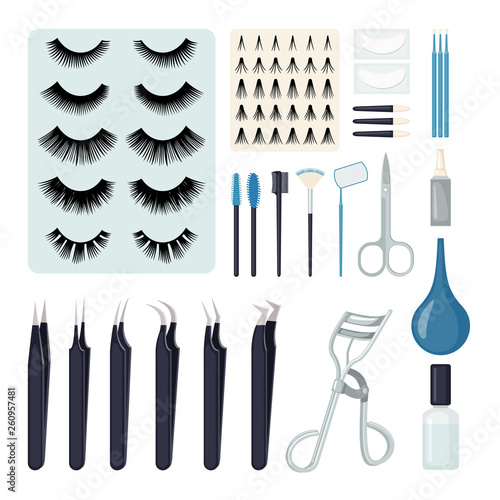 Set of Eyelash extension tools in flat style.