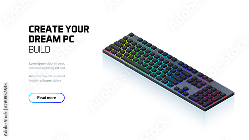 Computer RGB gaming keyboard 3d realistic isometric illustration, personal computer hardware components, custom gaming and workstation accessories, pc store and service