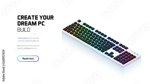 Computer RGB gaming keyboard 3d realistic isometric illustration, personal computer hardware components, custom gaming and workstation accessories, pc store and service