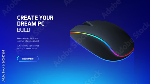 Computer RGB gaming mouse 3d realistic isometric illustration, personal computer hardware components, custom gaming and workstation accessories, pc store and service