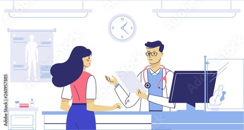 Medicine emergency concept with doctor and woman patient in flat style on hospital hall background. Young doctor receptionist man in reception room. First aid, consultation and medical diagnosis