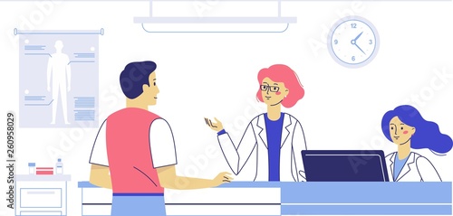 Medicine emergency concept with doctor and patient in flat style on hospital hall background. Young doctor receptionist woman in reception room. First aid, consultation and medical diagnosis
