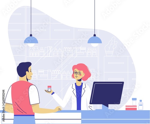 Pharmacy concept with pharmacist and patient. Doctor pharmacist seller and young man customer in drugstore. Health care and conceling medication.