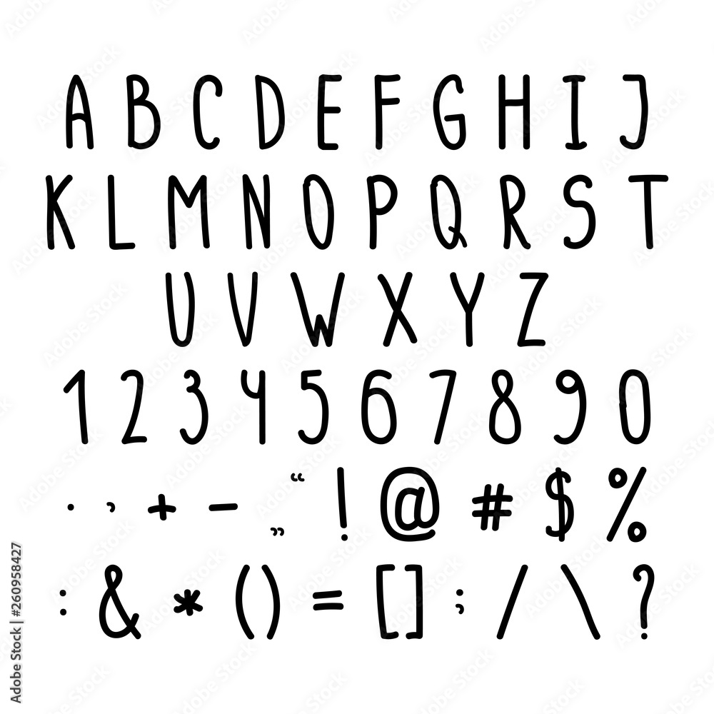 Black hand drawn latin alphabet, numbers and signs. White background. Hand drawn style. Vector. Black hand drawn latin alphabet, numbers and signs. White background. Hand drawn style. Vector.