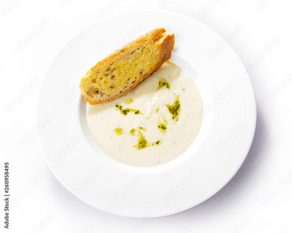 Appetizer with garlic bread and soup homemade Appetizer with garlic bread and soup homemade