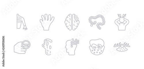 simple gray 10 vector icons set such as abscess, allergy, alzheimer's disease, anotia, anthrax, anxiety, appendicitis. editable vector icon pack