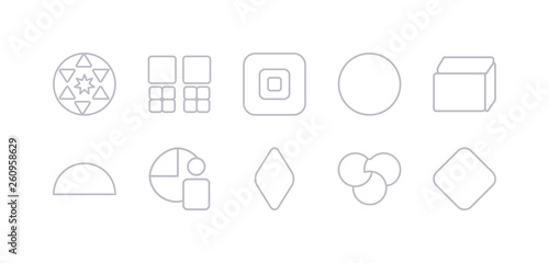 simple gray 10 vector icons set such as reflection, rgb, rhombus, segment, semicircle, side to side of a cube, sphere. editable vector icon pack