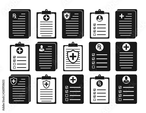 Medical Report and Patient Record Icon set. Flat style vector EPS.
