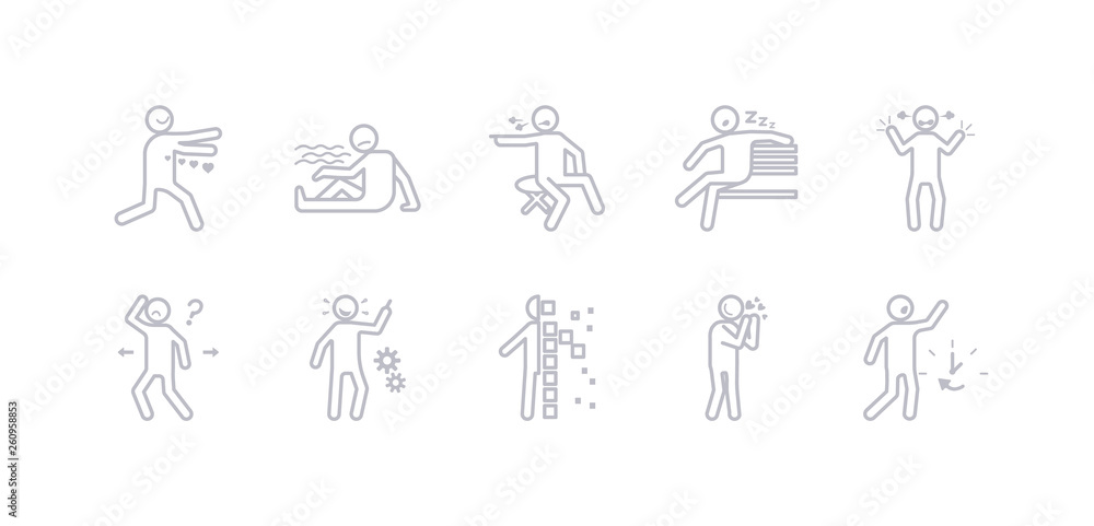 Fototapeta premium simple gray 10 vector icons set such as hurt human, impatient human, in love human, incomplete inspi irritated lazy editable vector icon pack