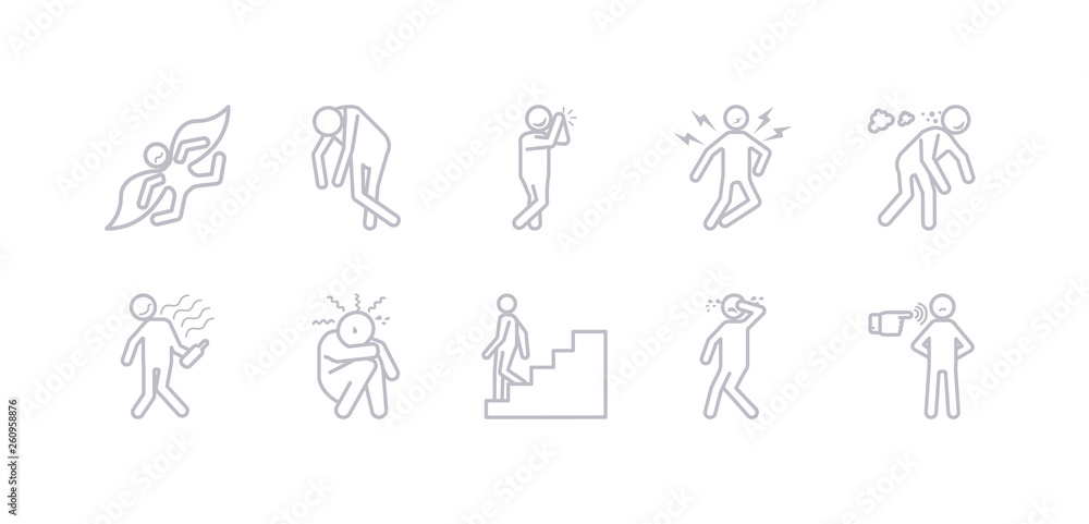 simple gray 10 vector icons set such as depressed human, determined human, disappointed human, down drained drunk ecstatic editable vector icon pack