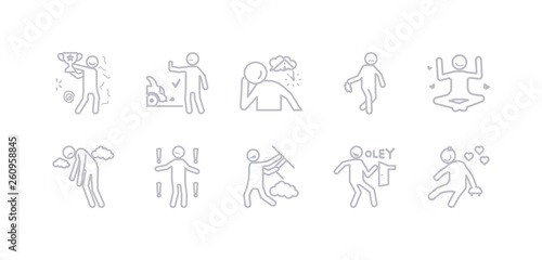simple gray 10 vector icons set such as lovely human, lucky human, mad human, meh miserable motivated nervous editable vector icon pack