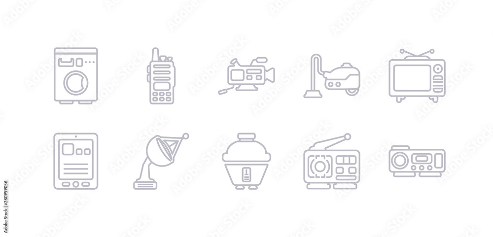 simple gray 10 vector icons set such as projector, radio, rice cooker, satellite dish, tablet, television, vacuum cleaner. editable vector icon pack
