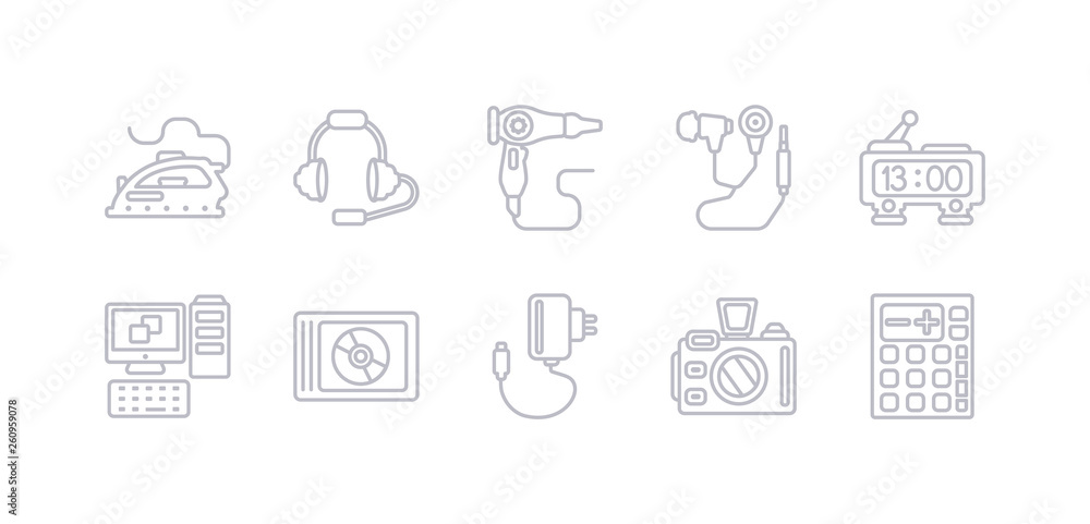 simple gray 10 vector icons set such as calculator, camera, charger, compact disc, computer, digital clock, earphones. editable vector icon pack simple gray 10 vector icons set such as calculator, camera, charger, compact disc, computer, digital clock, earphones. editable vector icon pack
