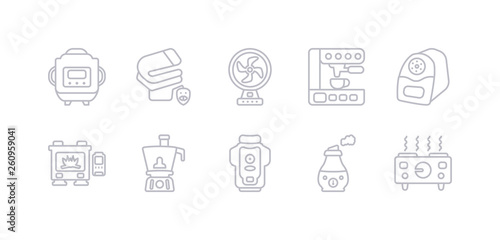 simple gray 10 vector icons set such as hot plate, humidifier, garbage disposal, food processor, furnace, electric pencil sharpener, espresso maker. editable vector icon pack