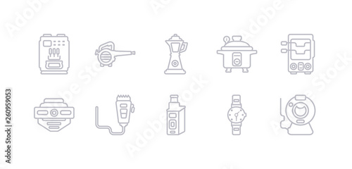 simple gray 10 vector icons set such as webcam, wristwatch, vaporizer, trimmer, smoke detector, rotisserie, pressure cooker. editable vector icon pack