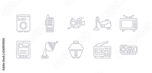 simple gray 10 vector icons set such as projector, radio, rice cooker, satellite dish, tablet, television, vacuum cleaner. editable vector icon pack