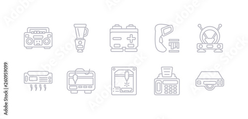 simple gray 10 vector icons set such as dvd player, fax machine, laser machine, 3d printer, air conditioner, antenna, barcode scanner. editable vector icon pack