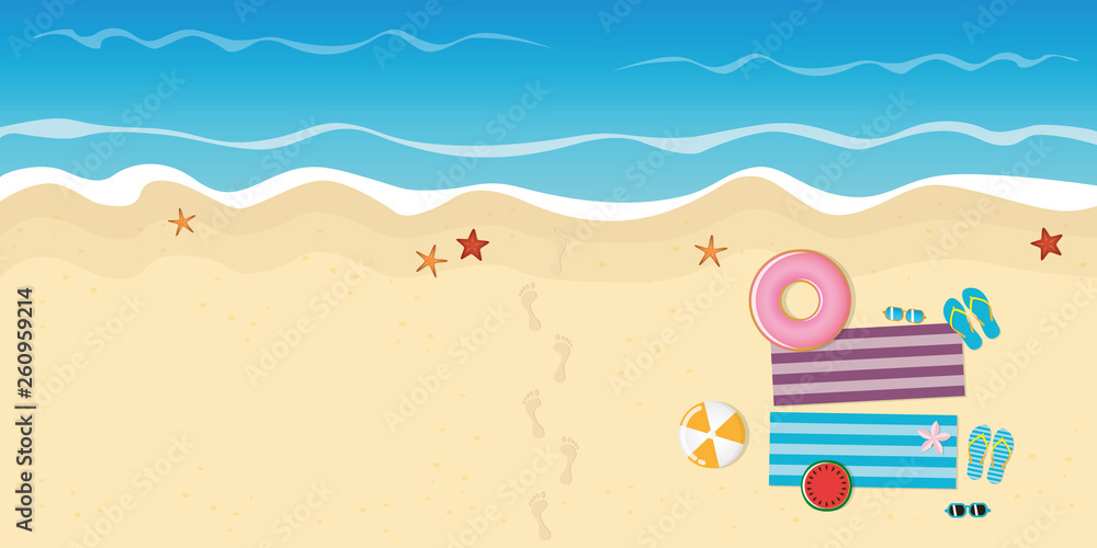 footprints on the beach with starfish flipflops sunglasses watermelon and ball vector illustration EPS10 footprints on the beach with starfish flipflops sunglasses watermelon and ball vector illustration EPS10