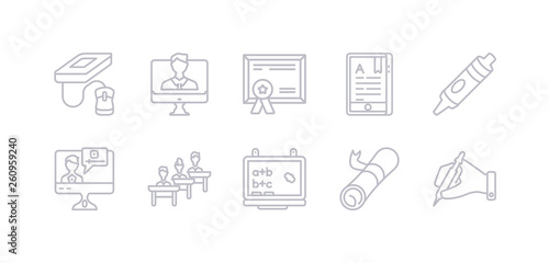 simple gray 10 vector icons set such as writing, certificate, chalkboard, classroom, computer-based training, crayon, digital book. editable vector icon pack
