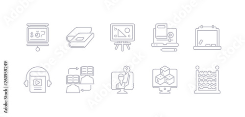 simple gray 10 vector icons set such as abacus, abc, ask, asynchronous learning, audiobook, blackboard, blended learning. editable vector icon pack
