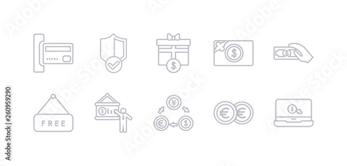 simple gray 10 vector icons set such as ecommerce, euro, exchange rate, financial presentation, free, get money, gift card. editable vector icon pack