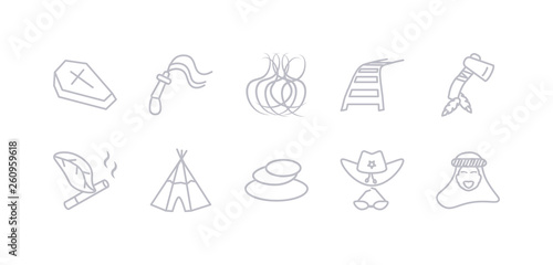 simple gray 10 vector icons set such as sheik, sheriff hat, stone, tepee, tobacco, tomahawk, train rails. editable vector icon pack