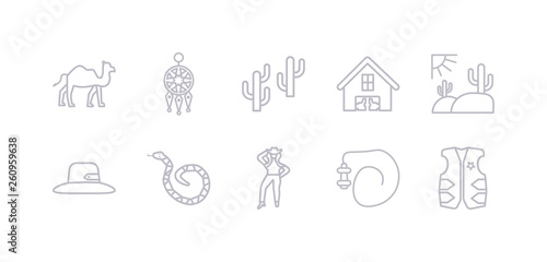 simple gray 10 vector icons set such as cowboy vest, cowboy whip, cowgirl, crotalus, desert hat, desert landscape, desert saloon. editable vector icon pack