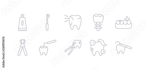 simple gray 10 vector icons set such as teeth  tooth cleaning  tooth extraction  tooth filling  pliers  whitening  with metallic root. editable vector icon pack