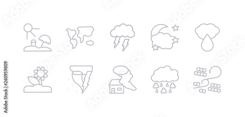 simple gray 10 vector icons set such as sleet, smog, snow storms, spring, sprinkle weather, starry night, stormy. editable vector icon pack