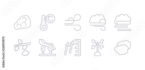 simple gray 10 vector icons set such as altostratus, anemometer, atmospheric pressure, aurora, autumn, blanket of fog, blizzard. editable vector icon pack