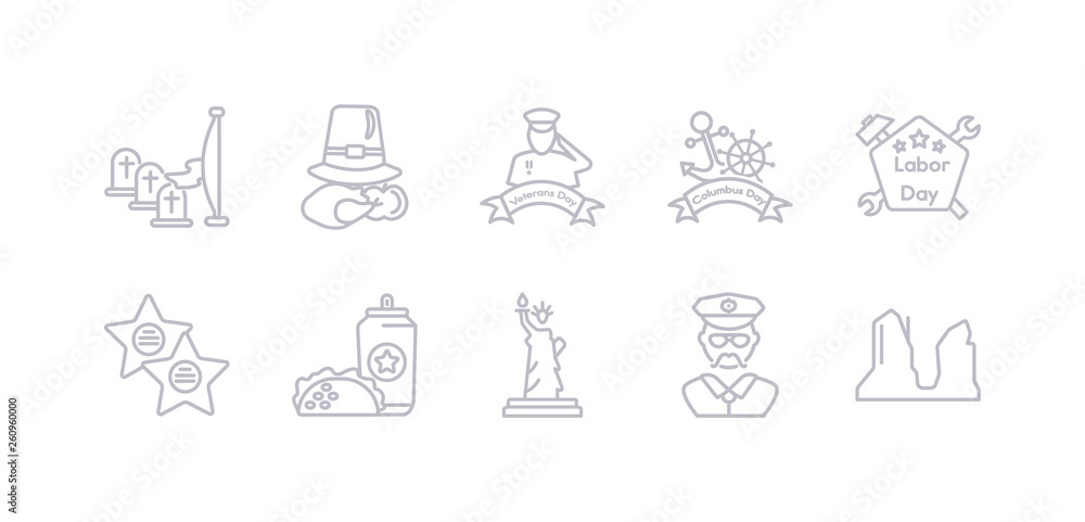 simple gray 10 vector icons set such as grand canyon, sheriff, statue of liberty, taco, walk of fame, labor day, columbus day. editable vector icon pack simple gray 10 vector icons set such as grand canyon, sheriff, statue of liberty, taco, walk of fame, labor day, columbus day. editable vector icon pack
