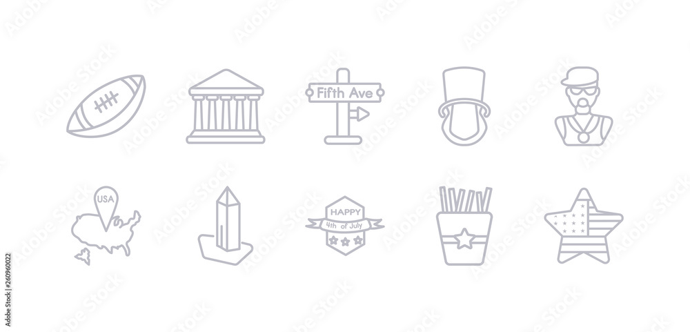 simple gray 10 vector icons set such as united states, french fries, 4th of july, washington monument, usa, rapper, lincoln. editable vector icon pack simple gray 10 vector icons set such as united states, french fries, 4th of july, washington monument, usa, rapper, lincoln. editable vector icon pack