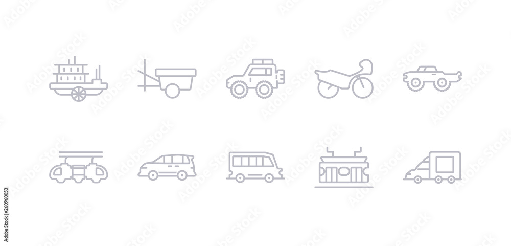 simple gray 10 vector icons set such as metro, minibus, minivan, monorail, monster truck, motorbike, off road. editable vector icon pack