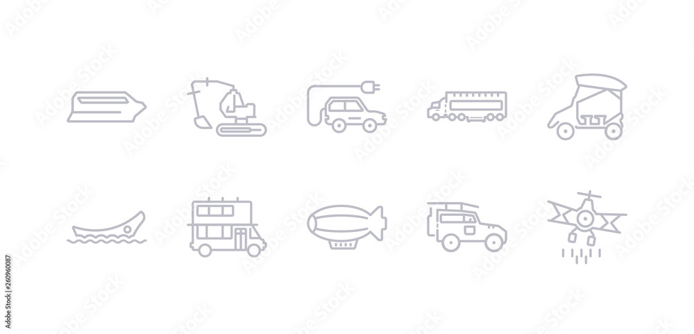 simple gray 10 vector icons set such as cruiser, dirigible, double decker bus, dugout canoe, eco-friendly transport, eighteen-wheeler, electric car. editable vector icon pack simple gray 10 vector icons set such as cruiser, dirigible, double decker bus, dugout canoe, eco-friendly transport, eighteen-wheeler, electric car. editable vector icon pack