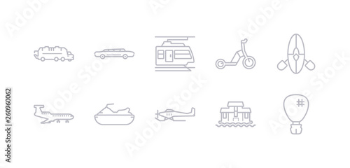 simple gray 10 vector icons set such as houseboat, hydroplane, icebreaker ship, jetliner, kayak, kick scooter, light rail. editable vector icon pack
