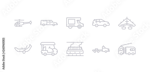 simple gray 10 vector icons set such as flatbed lorry, funicular railway, golf cart, gondola, hang glider, hatchback, haul. editable vector icon pack