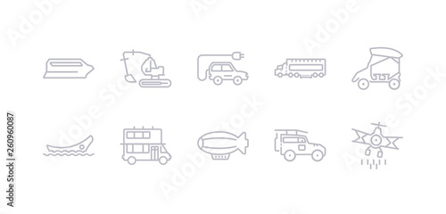 simple gray 10 vector icons set such as cruiser, dirigible, double decker bus, dugout canoe, eco-friendly transport, eighteen-wheeler, electric car. editable vector icon pack