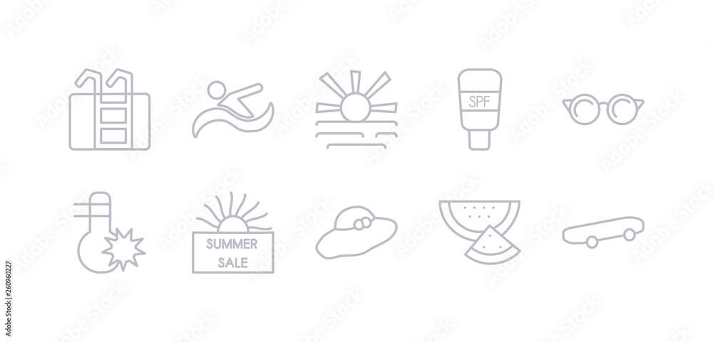 simple gray 10 vector icons set such as skate, slice of melon, summer hat, summer sale, summer temperature, sun glasses, sunscreen. editable vector icon pack