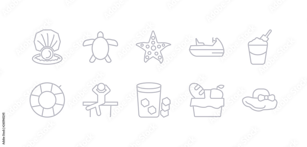 simple gray 10 vector icons set such as pamela hat, pinic basket, refreshing cold drink, relax, rubber ring, sand bucket and shovel, sea scooter. editable vector icon pack simple gray 10 vector icons set such as pamela hat, pinic basket, refreshing cold drink, relax, rubber ring, sand bucket and shovel, sea scooter. editable vector icon pack
