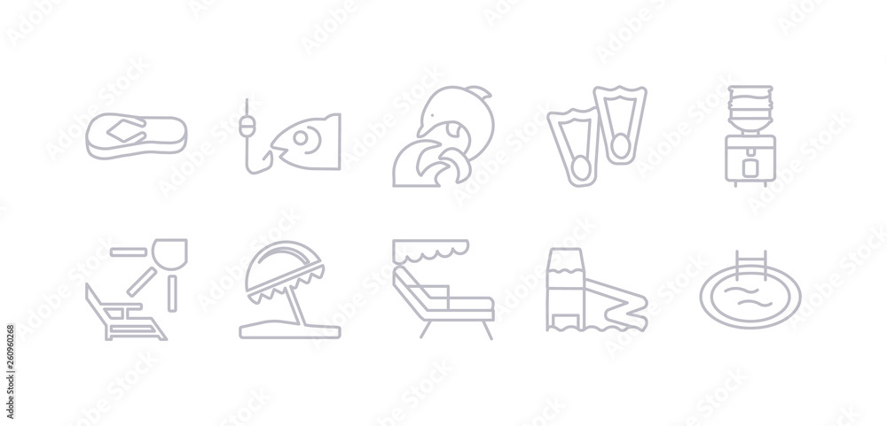 simple gray 10 vector icons set such as swimming pool, aqua park, beach chair, beach umbrella, deck chairs and sun, dispenser, diving fins. editable vector icon pack simple gray 10 vector icons set such as swimming pool, aqua park, beach chair, beach umbrella, deck chairs and sun, dispenser, diving fins. editable vector icon pack