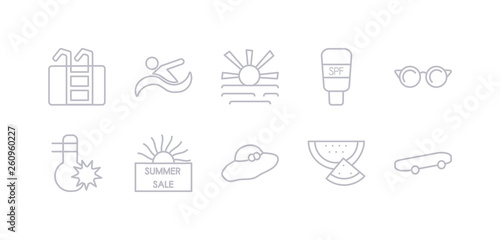 simple gray 10 vector icons set such as skate, slice of melon, summer hat, summer sale, summer temperature, sun glasses, sunscreen. editable vector icon pack