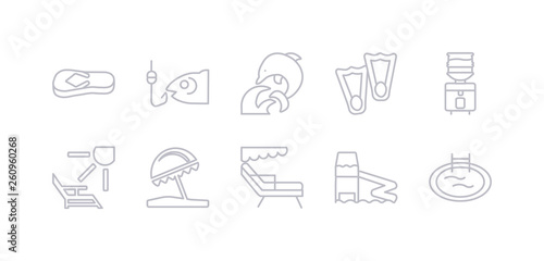 simple gray 10 vector icons set such as swimming pool  aqua park  beach chair  beach umbrella  deck chairs and sun  dispenser  diving fins. editable vector icon pack