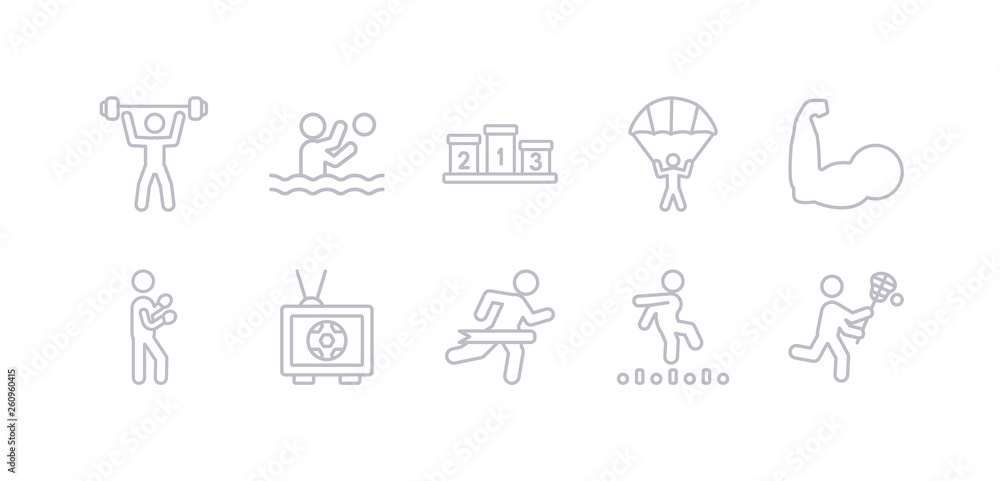 simple gray 10 vector icons set such as lacrosse, long jump, marathon, match, mixed martial arts, muscle, parachute. editable vector icon pack