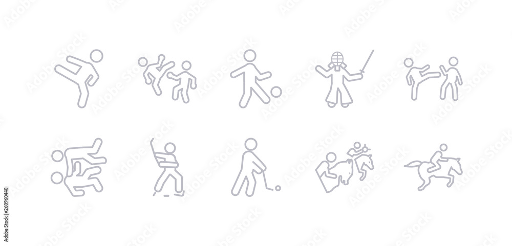 simple gray 10 vector icons set such as horse racing, horseball, hurling, ice hockey, judo, karate, kendo. editable vector icon pack