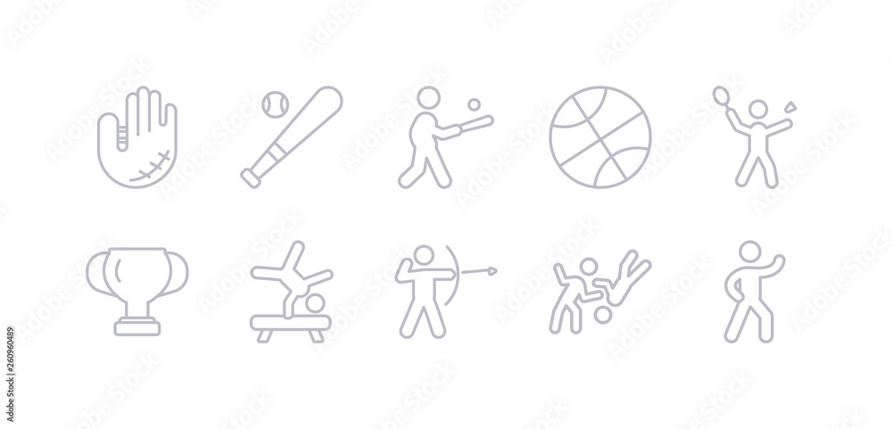 simple gray 10 vector icons set such as aerobics, aikido, archery, artistic gymnastics, award, badminton, ball. editable vector icon pack